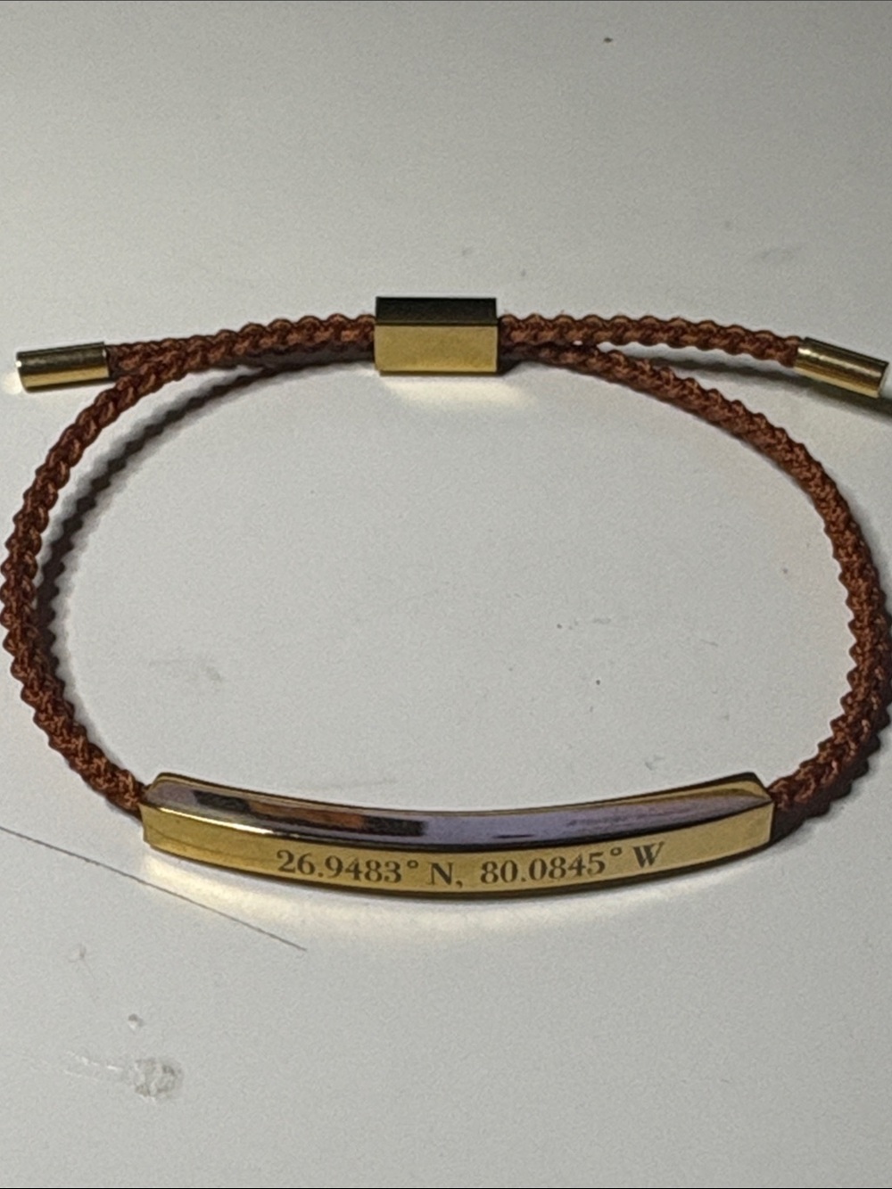 Engraved Latitude Longitude Bracelet - Brown Cord with Gold Plate